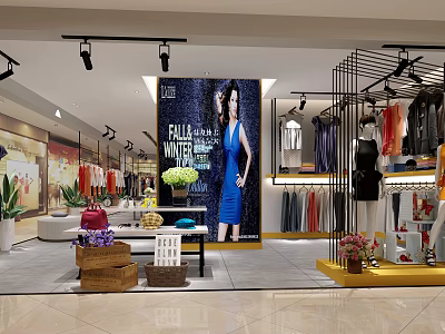 Elegant Clothing Store Interior With Fashion Display Racks Dresses Mannequins And Decorative Plants 3d model