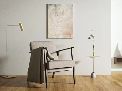 Stylish Single Sofa With Grey Throw Blanket Gold Floor Lamp And Abstract Wall Art 3d model