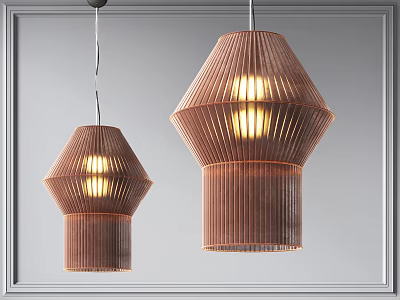 Two Wooden Striped Pendant Lights With Warm Glow In Minimalist Design 3d model