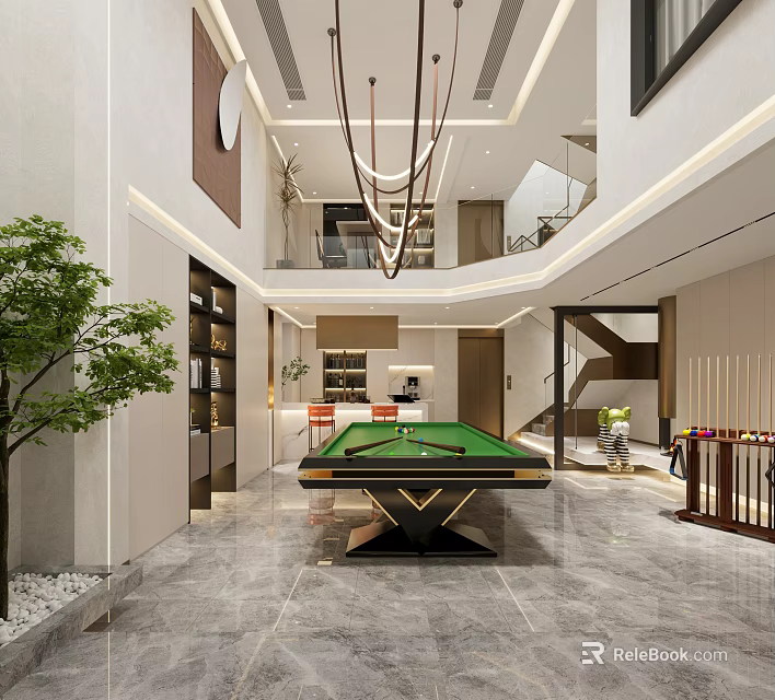 Modern Basement Interior Design With Pool Table Hanging Lights Stairs And Greenery 3d model