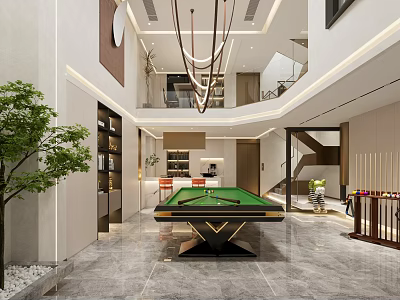 Modern Basement Interior Design With Pool Table Hanging Lights Stairs And Greenery 3d model