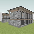 Modern Traditional Detached Villa Exterior With Stone Wall Wooden Roof Large Windows Grassland And Trees