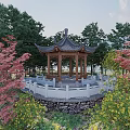 Ancient Chinese Pavilion with Stone Railings Surrounded by Red Green Trees and Mountain Sky Backdrop