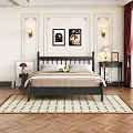 Cozy Bedroom Interior With Black Bed Frame Gray Orange Bedding Wall Sconces And Framed Paintings