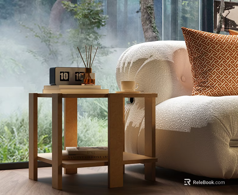 Cozy Modern Console Table With Alarm Clock Diffuser Cup Near Window And Green Plants 3d model 