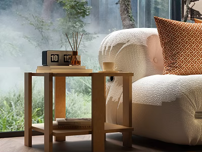 Cozy Modern Console Table With Alarm Clock Diffuser Cup Near Window And Green Plants 3d model