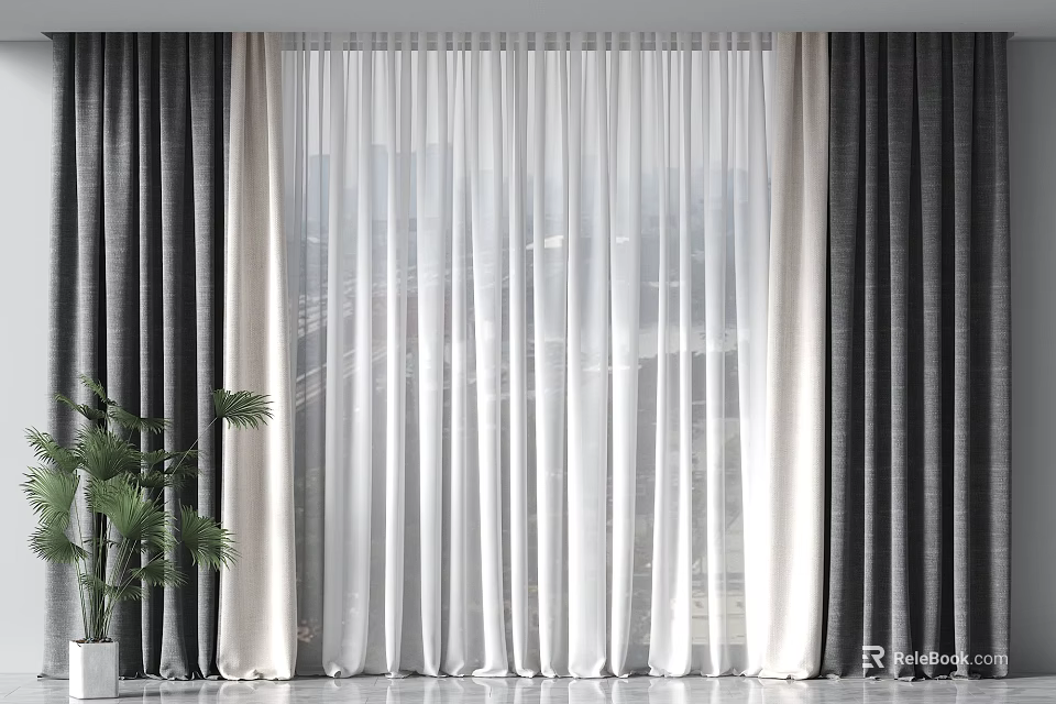 Gray And Beige Roman Curtains With White Sheer Layers For Window Decoration 3d model 