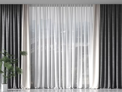 Gray And Beige Roman Curtains With White Sheer Layers For Window Decoration 3d model