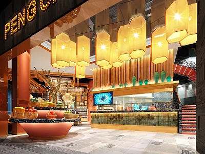 Elegant Modern Restaurant Interior With Warm Yellow Pendant Lights Decorative Plants And Reception Area 3d model