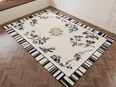 Antique Carpet Square Blanket Floral Carpet Black and White Plaid Carpet 3d model