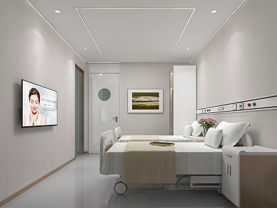 Modern Hospital Outpatient Ward With Clean Bed TV Wall Painting And Flower Bouquet 3d model