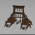 Ancient Medieval Siege Catapult Weapon with Wooden Frame Wheels Chains and Stone Projectile