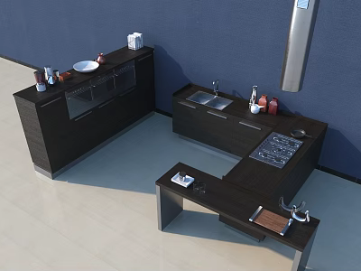 Modern Kitchen With Dark Wood Cabinets Sink Stove And Countertop 3d model