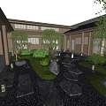Karesansui Dry Landscape Garden With Raked Gravel Large Stones And Stone Lanterns