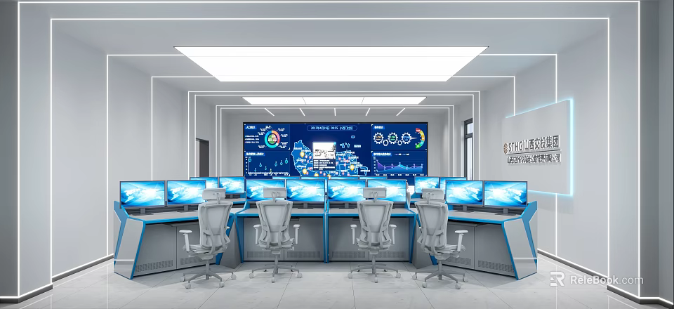 Modern Monitoring Room With Multiple Monitors Office Chairs And Data Displays 3d model 