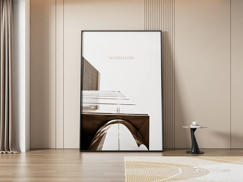 Minimalist Abstract Painting Framed On Beige Wall With Wooden Floor And Side Table 3d model 
