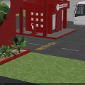 Bus Stop Structure With Red Building White Buses Palm Trees And Green Grass