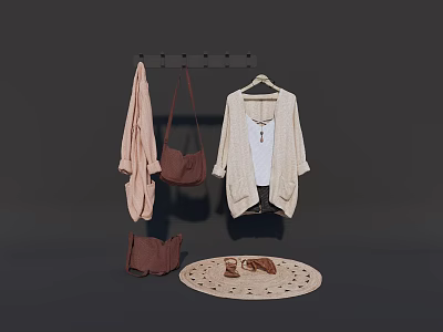 Clothing Set With Light Cardigan White T Shirt Brown Bags Shoes And Decorative Rug 3d model