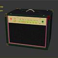 Classic Dark Blue Electronic Guitar Amplifier With Wooden Panel Control Knobs And Speaker Grille