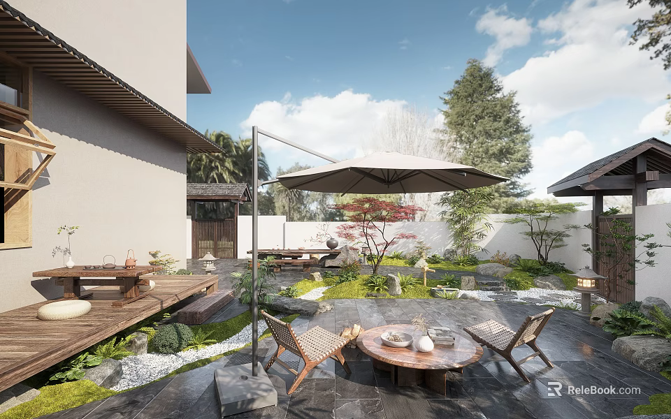 Courtyard Garden Design Featuring Outdoor Chairs Wooden Table Shade Umbrella And Green Plants 3d model 