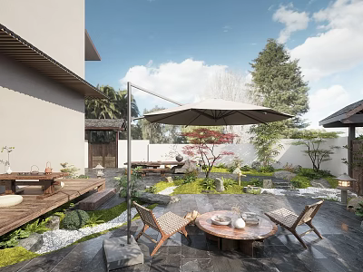 Courtyard Garden Design Featuring Outdoor Chairs Wooden Table Shade Umbrella And Green Plants 3d model