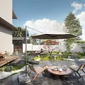 Courtyard Garden Design Featuring Outdoor Chairs Wooden Table Shade Umbrella And Green Plants