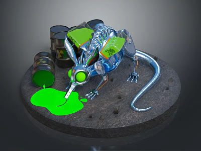 Metallic Cyber Rat With Glowing Green Eyes And Oil Drums Leaking Green Liquid 3d model