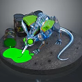 Metallic Cyber Rat With Glowing Green Eyes And Oil Drums Leaking Green Liquid