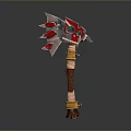 Decorative Battle Axe With Red And Silver Spiked Head Wooden Handle Yellow Straps