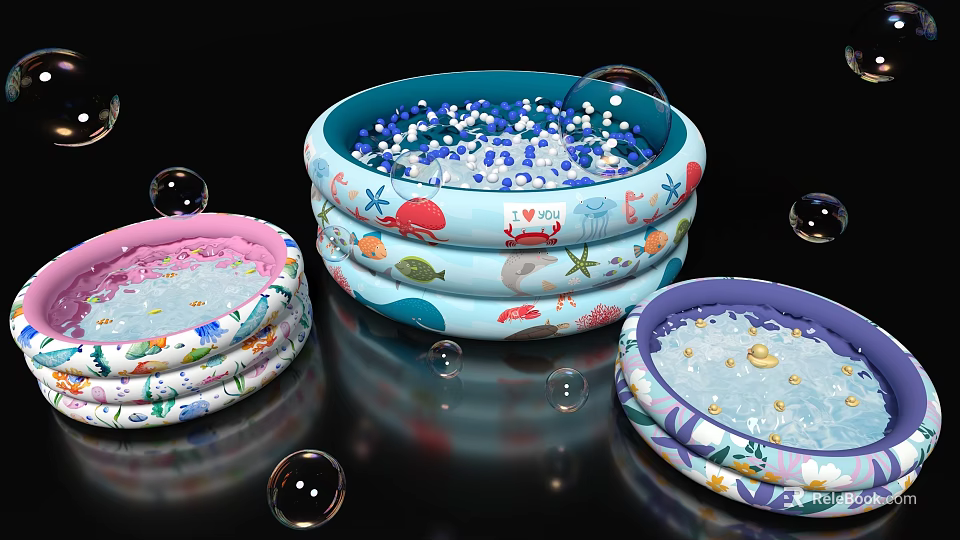 Colorful Inflatable Pools With Ocean Animal Patterns And Bubbles For Kids 3d model 