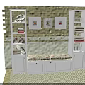White Bathroom Cabinet Shelves With Green Tiled Wall Floral Cushion Towels And Framed