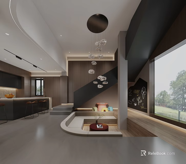 Front Desk Reception Area With Modern Design Wooden Counter And Stylish Chandelier Lighting 3d model 