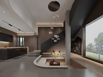 Front Desk Reception Area With Modern Design Wooden Counter And Stylish Chandelier Lighting 3d model