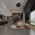 Front Desk Reception Area With Modern Design Wooden Counter And Stylish Chandelier Lighting