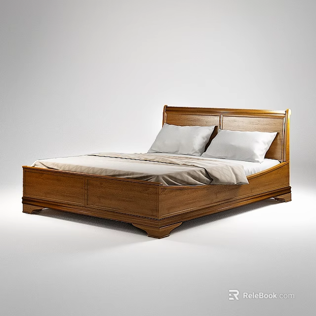 Wooden Double Bed With Classic Headboard White Pillows And Light Bedding 3d model 