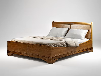 Wooden Double Bed With Classic Headboard White Pillows And Light Bedding 3d model