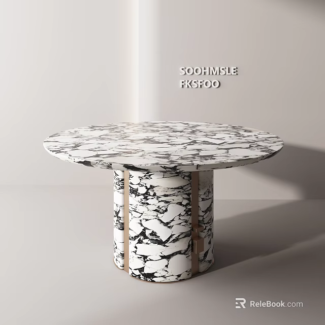 Modern Round Marble Dining Table With Black And White Pattern And Metal Accent Legs 3d model 