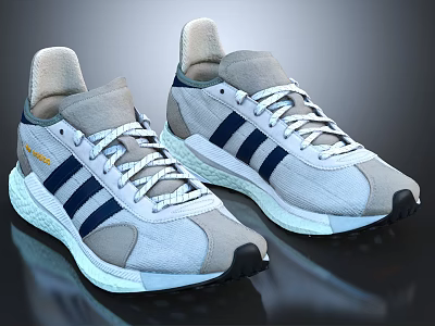 Stylish Gray Blue Striped Sports Shoes With White Laces And Comfortable Sole 3d model