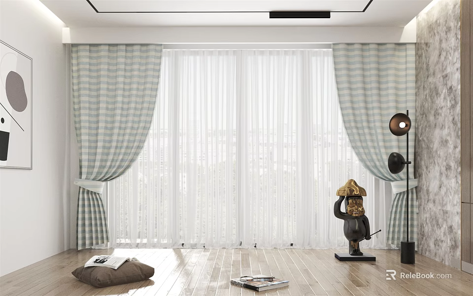 Plaid Patterned Curtains With White Sheer Panels In Bright Modern Living Room With Wooden Floor 3d model 