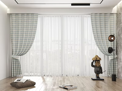 Plaid Patterned Curtains With White Sheer Panels In Bright Modern Living Room With Wooden Floor 3d model