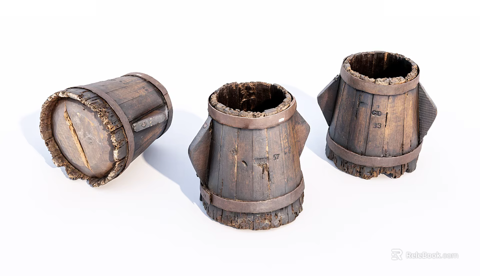 Three Old Wooden Barrels With Rustic Wood Grain And Iron Hoops Arranged On White Background 3d model 