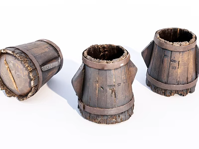Three Old Wooden Barrels With Rustic Wood Grain And Iron Hoops Arranged On White Background 3d model