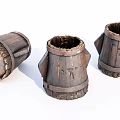Three Old Wooden Barrels With Rustic Wood Grain And Iron Hoops Arranged On White Background