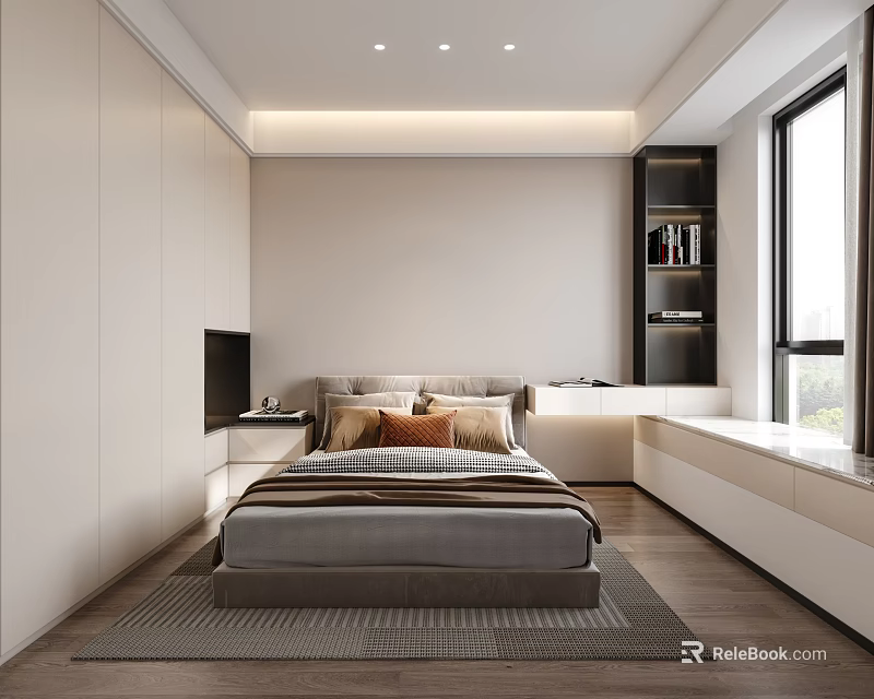 Modern Bedroom Interior With Built in Cabinets Platform Bed Accent Pillows And Large Window 3d model