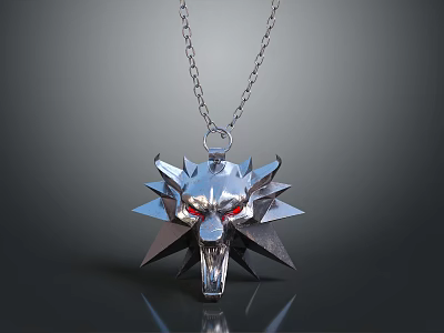 Silver Wolf Head Sculpture Pendant With Red Eyes And Star Shaped Decoration On Chain 3d model
