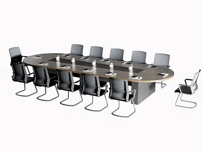 Modern Oval Conference Table With Multiple Black Office Chairs And Document Placemats 3d model
