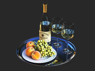 Chardonnay Wine Bottle And Wine Glasses On Tray With Fresh Peaches And Green Grapes 3d model