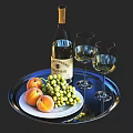 Chardonnay Wine Bottle And Wine Glasses On Tray With Fresh Peaches And Green Grapes