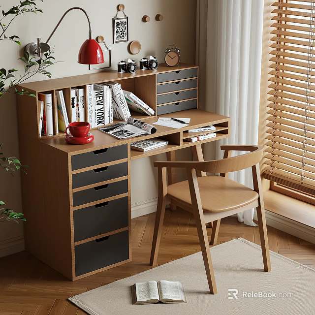 Wooden Desk with Bookshelf Red Lamp Magazines and Chair in Cozy Interior with Wooden Blinds 3d model 