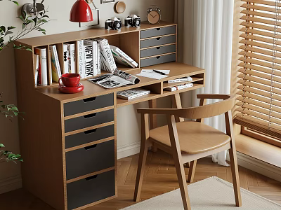 Wooden Desk with Bookshelf Red Lamp Magazines and Chair in Cozy Interior with Wooden Blinds 3d model
